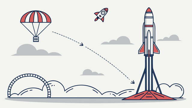 Space rocket launching with cargo parachute landing vector illustration