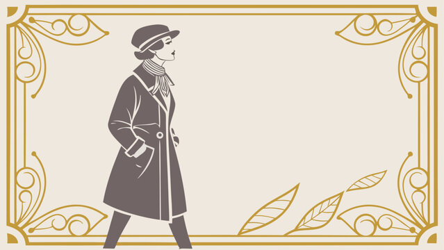 Elegant vintage style illustration of a woman in hat and coat frame