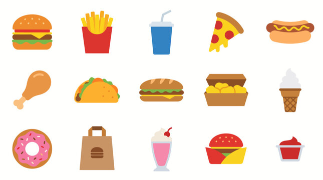 Colorful fast food icons on white.