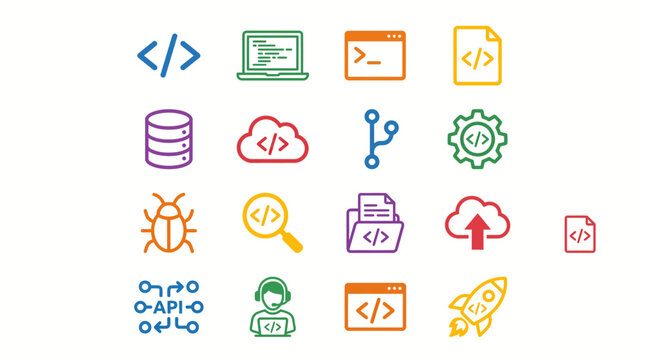 Colorful coding software development icons.