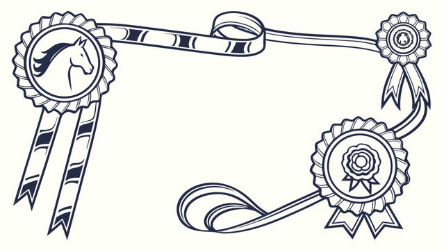 Horse racing award ribbons and rosettes border frame with equestrian, decoration