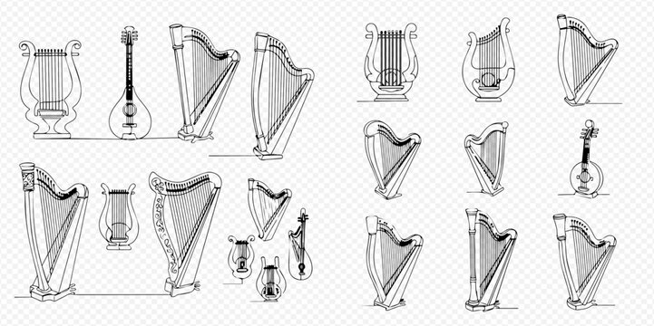 Set of various hand-drawn harps and lyres in continuous line art style, musical instruments collection.