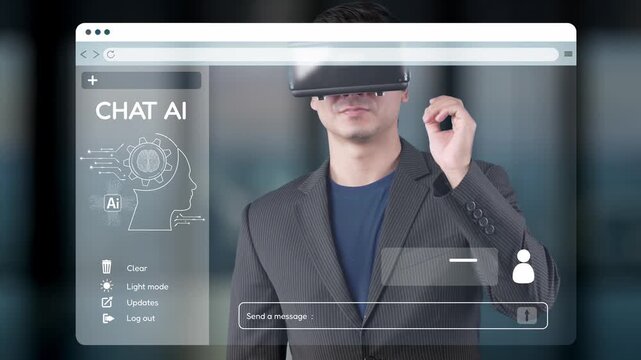 A young businessman engages with a virtual chat AI through a modern interface while wearing a VR headset in a sleek office space, showcasing technological advancement. Raster