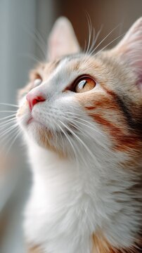 Portrait of a curious white and orange tabby cat looking attentively out of a window with soft natural light illuminating its features