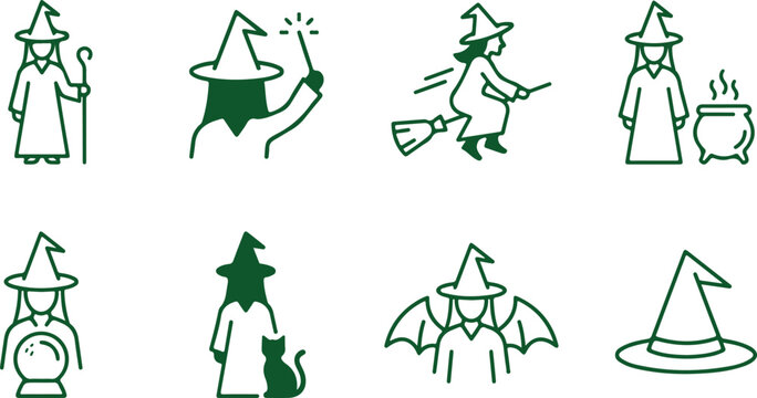 Witchcraft and magic symbols witch on broomstick cauldron crystal ball cat green outline vector icons.