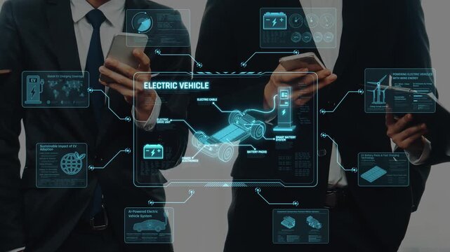 Business professionals engage with digital tools to explore electric vehicle technologies and sustainable energy solutions in a modern office setting. Raster