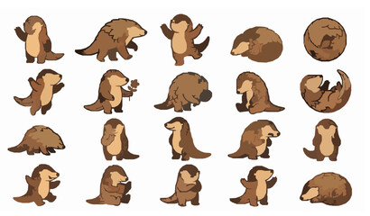 Fototapeta premium Funny Pangolin Cartoon Character Vector Pack with Cute Wildlife Clipart and Line Art