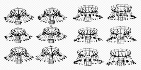 Set of twelve detailed wireframe illustrations of futuristic flying saucers or UFOs, presented in various angles and designs. © Lunara Arts