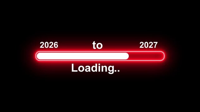New year 2027 loading bar animation Neon line Year changing from 2026 to 2027. Loading bar from 2026 to 2027 new year transfer animation. Almost reaching New Year 4k animated.