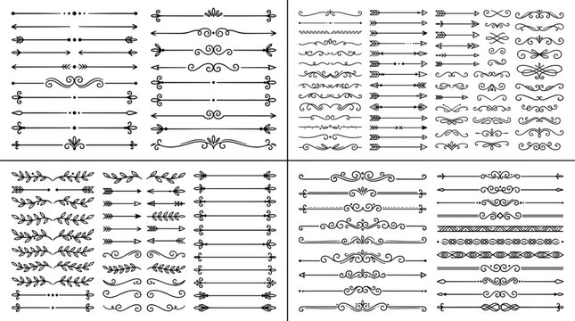 Large collection of hand drawn decorative dividers, text borders, flourishes, and ornate line separators for elegant design projects