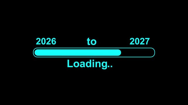 New year 2027 loading bar animation, Loading bar from 2026 to 2027 new year transfer animation. Almost reaching New Year on black background. Welcoming the happy new year 2027. 4k videos