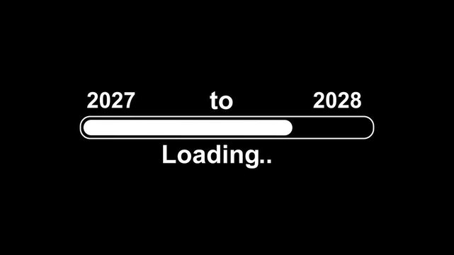 New year 2028 loading bar animation, Loading bar from 2027 to 2028 new year transfer animation. Almost reaching New Year on black background. Welcoming the happy new year 2028. 4k videos
