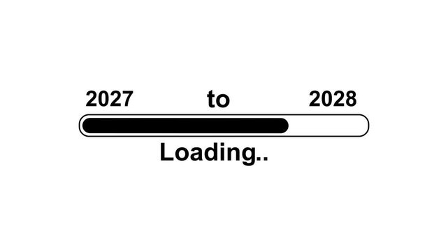 New year 2028 loading bar animation, Loading bar from 2027 to 2028 new year transfer animation. Almost reaching New Year on black background. Welcoming the happy new year 2028. 4k videos