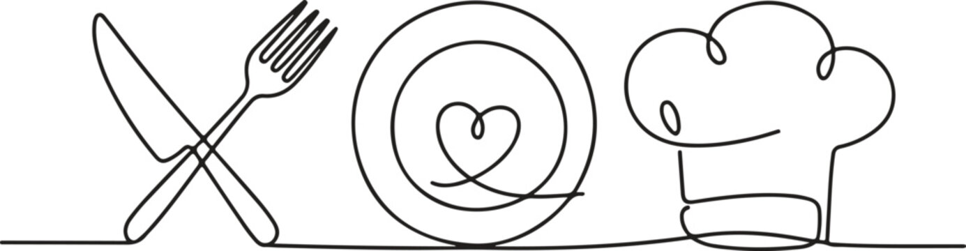 Continuous line drawing of a plate with a heart, crossed knife and fork, and a chefs hat