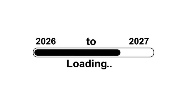 New year 2027 loading bar animation, Loading bar from 2026 to 2027 new year transfer animation. Almost reaching New Year on black background. Welcoming the happy new year 2027. 4k videos