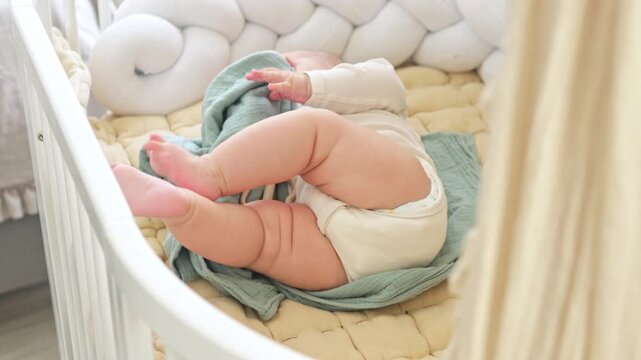 Cute baby boy learning to roll over from back to tummy on a soft bed. Sweet infant development milestone, active moving in nursery room. Early childhood, growth and parenting concept.