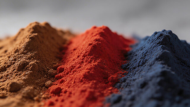 Three piles of colored powders representing futuristic concepts and abstract thought