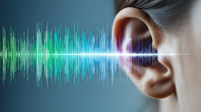Child Ear Close Up with Sound Waves Auditory System Hearing Test and Assistive Listening Technology