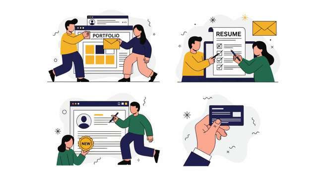 Set job cv web dev man girl card list find work hire task info box aid
