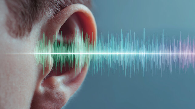 Child Ear Close Up with Sound Waves Auditory System Hearing Test and Assistive Listening Technology
