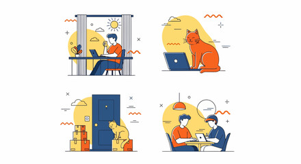 Fototapeta premium Home work life set with man cat laptop desk job and flat icon art use