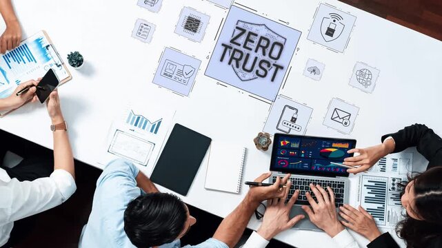 A collaborative environment showcasing a business meeting focused on cybersecurity strategies, emphasizing the zero trust concept through various analytical tools and digital engagement. Raster