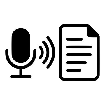 Microphone with Sound Waves and Text Document, Black Vector Icon for Speech to Text and Voice Transcription