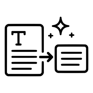 Text Document Transformed to Summary with AI Sparkle, Black Line Icon for Text Summarization and Content Generation