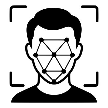 Facial Recognition Mesh on Face in Scanner Frame, Black Vector Icon for Biometric Identification and Face ID