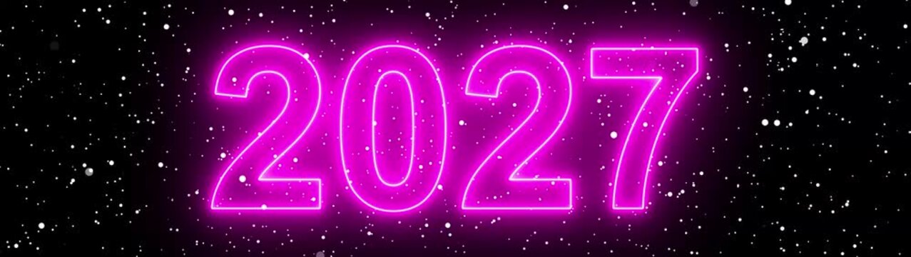 Motion graphics of year change, Glowing neon line word of 2027 on planet earth with space background. Concept of new year beginning, happy celebration, festival, new life, growth of business. 4k 