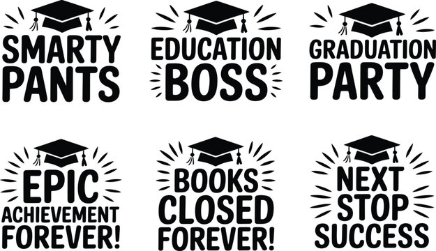 Set of six black graduation themed typography designs with mortarboard icons for celebratory.