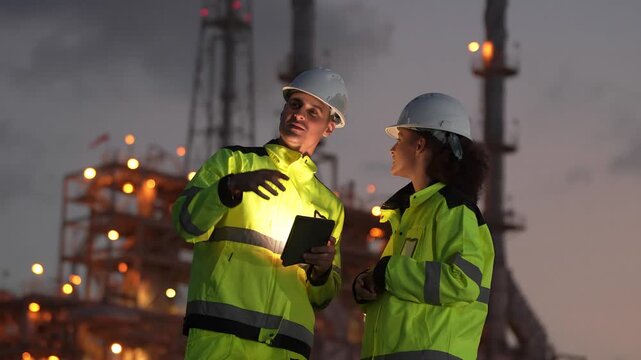 Workers discuss plans at a construction site during twilight hours near an oil rig