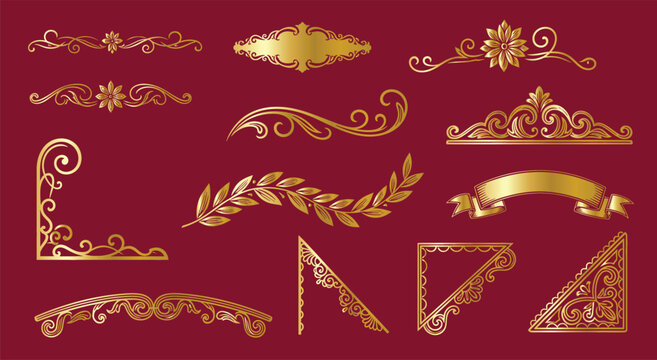 Luxury gold foil Christmas dividers, elegant swirling flourishes, winter wedding invitation borders, mistletoe and ivy leaves, golden gradient texture, calligraphy style lines.