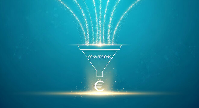 A white funnel graphic with "Conversions" text and euro symbol, symbolizing sales funnel and profit, on a digital blue background with glowing particles