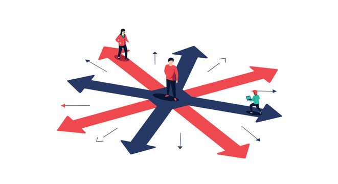 Individuals standing at a crossroads with multiple arrows pointing in different directions representing choice and career paths.