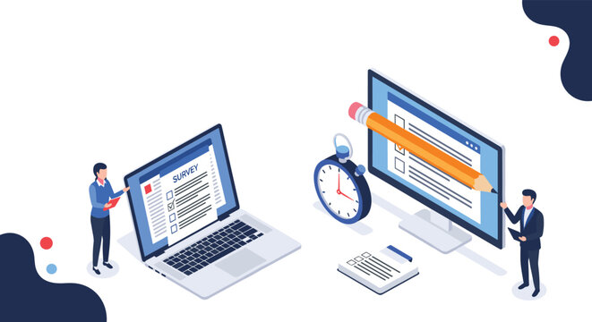 Professional man and woman using a laptop and desktop computer to fill out an online digital survey form with a timer.