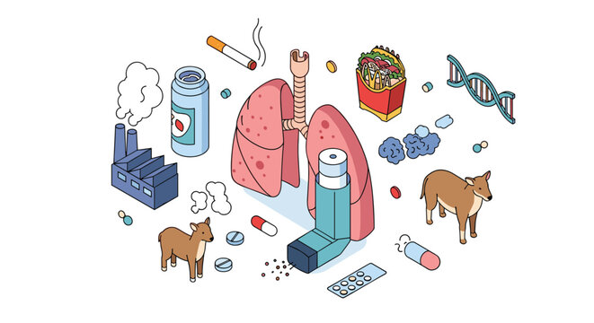 Comprehensive medical illustration depicts various factors affecting lung health including pollution smoking and genetics.