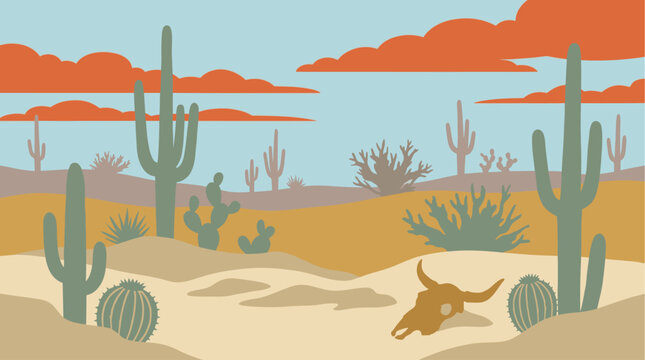 Minimalist desert landscape with various green cacti and a brown animal skull on sandy dunes under an orange cloudy sky