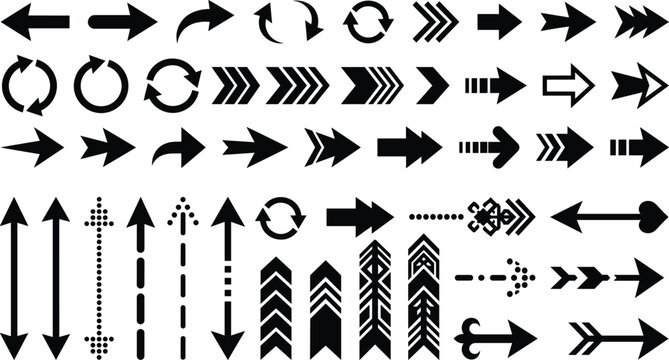 Set of black modern arrow and navigation icons for digital UI design, website interface, and infographic element usage