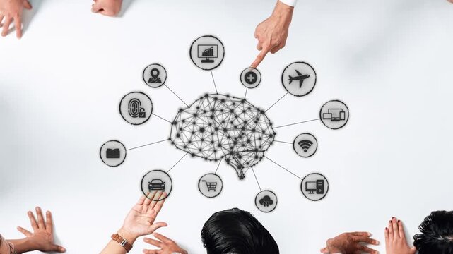 A diverse group of professionals collaborates around a table, sharing ideas and strategies, illustrated by a neural network design symbolizing connectivity and innovation. Raster