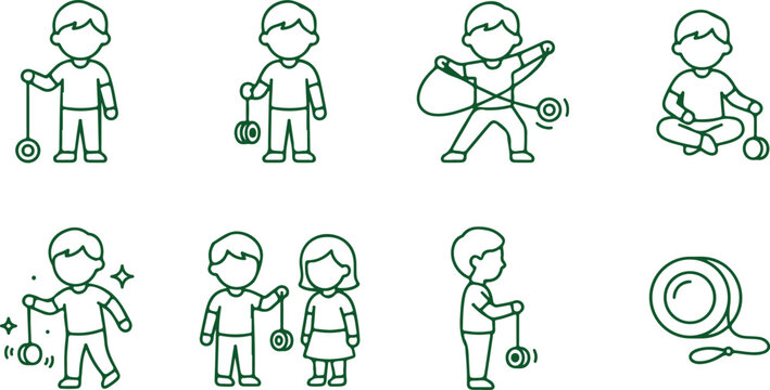 Boy playing with yo yo collection boy juggling yo yo kids activity and toy icons line art.