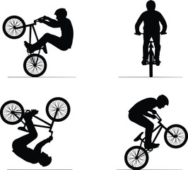 Obraz premium Black BMX rider silhouettes performing wheelie, jump, backflip, and freestyle tricks for extreme sports and creative design projects