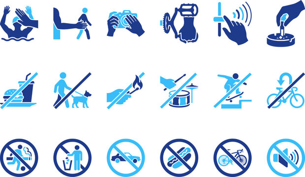 Prohibition and warning signs modern flat blue icons for restriction and danger.