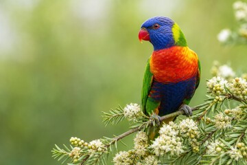 Naklejka premium Rainbow lorikeet perched on flowering green branch in natural outdoor habitat, vibrant colorful parrot looking alert with soft bokeh background, close-up wildlife portrait.