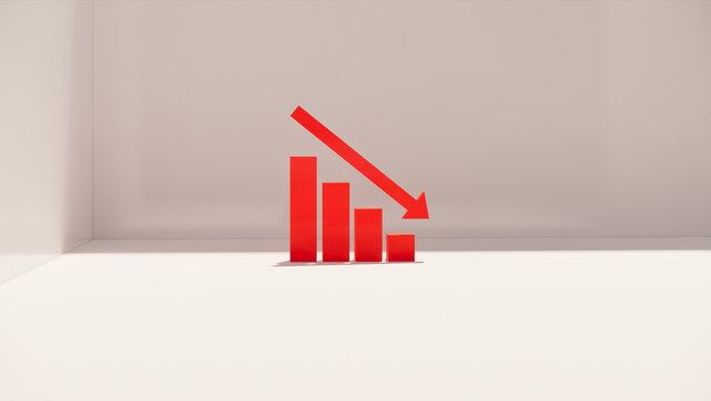 3d red down arrow chart. Red business arrow falling down. Chart with red down arrow isolated on white background. realistic 3d loss  financial chart icon