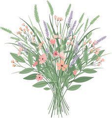 Fototapeta premium Floral bouquet with wheat lavender and wildflowers illustration isolated on transparent background