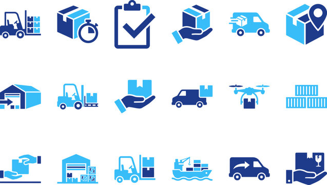 Delivery truck and drone, shipping boxes, warehouse, forklift, cargo ship, package transport, logistics.