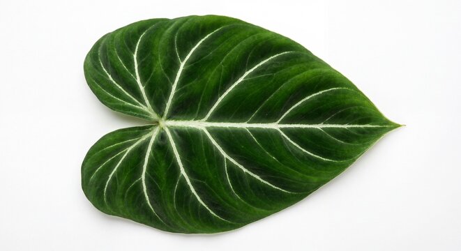 A single vibrant green Philodendron gloriosum leaf with prominent white veins on white background.
