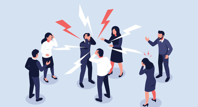 Group of coworkers arguing and showing stress in workplace conflict representing toxic professional environment.