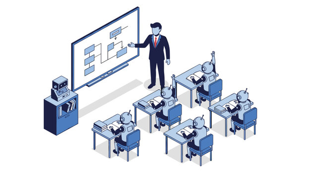 Professional teacher explaining complex digital logic flowchart to group of attentive robots in futuristic classroom.